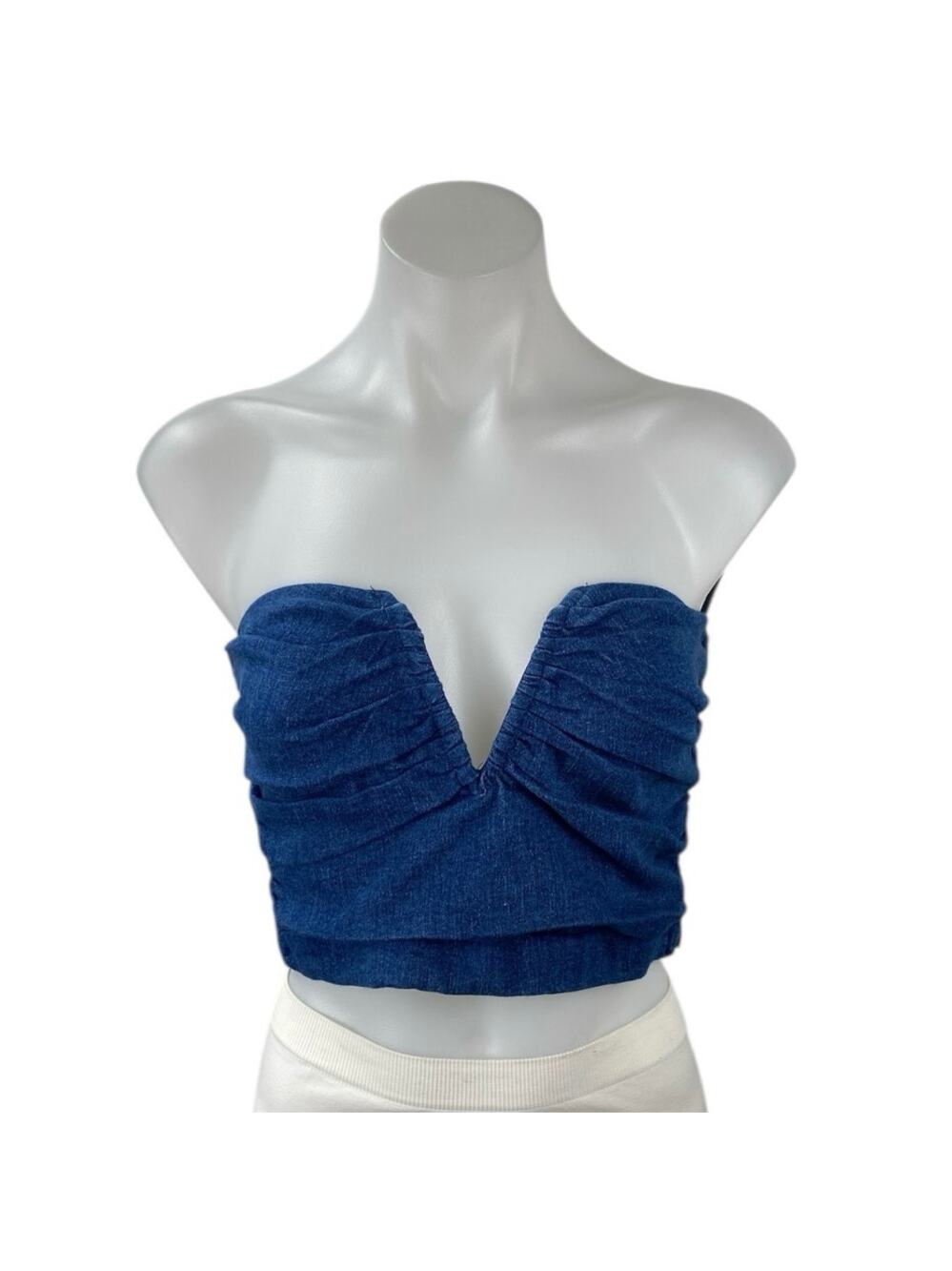Line and Dot Joey Blue  Denim Ruched Strapless V-neck Crop Bandeau Tube Top Sz S